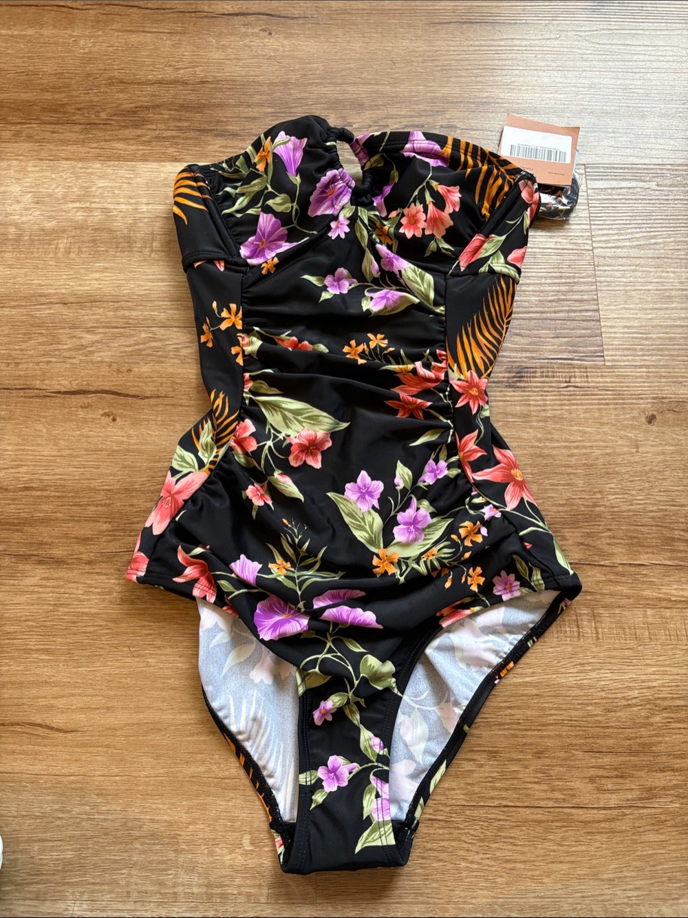 Shade & Shore Black One-Piece Swimsuit with Multicolor Floral Print